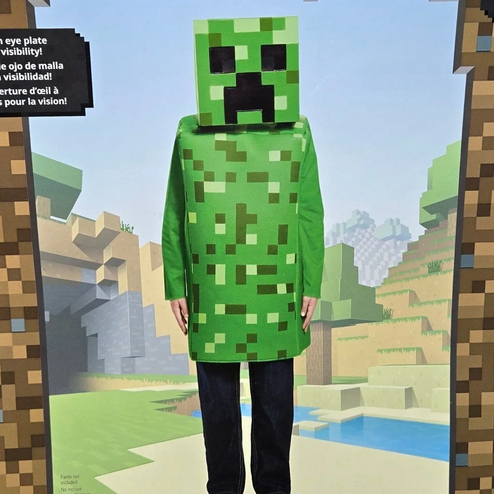 Minecraft M 7-8 Creeper Costume Kids Green 3D Tunic Mask Gamer Halloween